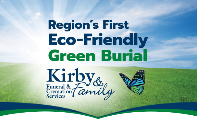 Green Grass and Blue Skies background with Region's First Eco-Friendly Green Burial text overlay