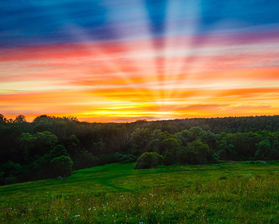 Non-Toxic & Biodegradable Materials text over Vast landscape and sunset